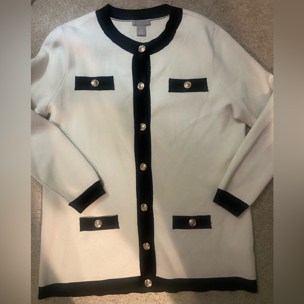 Cream Cardigan with Black Trim and Gold Buttons